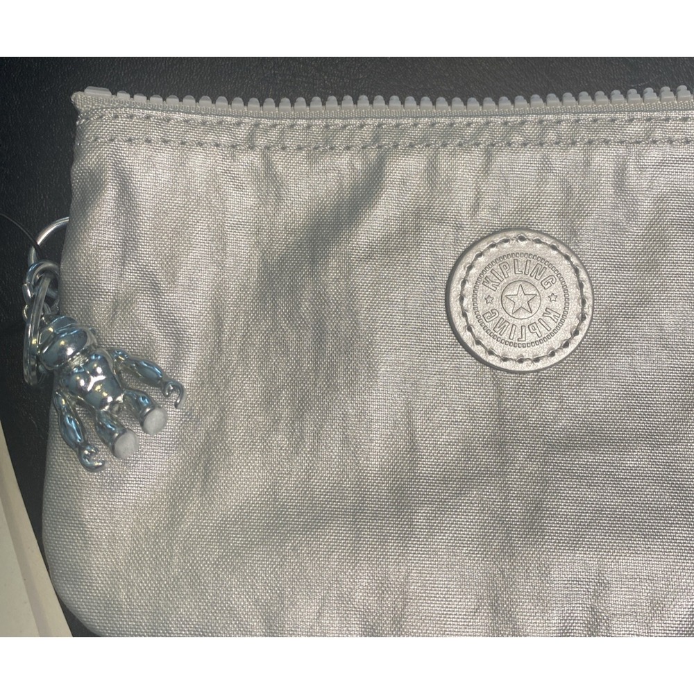 KIPLING Creativity Pouch Bag Silver Purse and Silver Gorilla Charm AC7248QD7 NEW - Picture 2 of 10